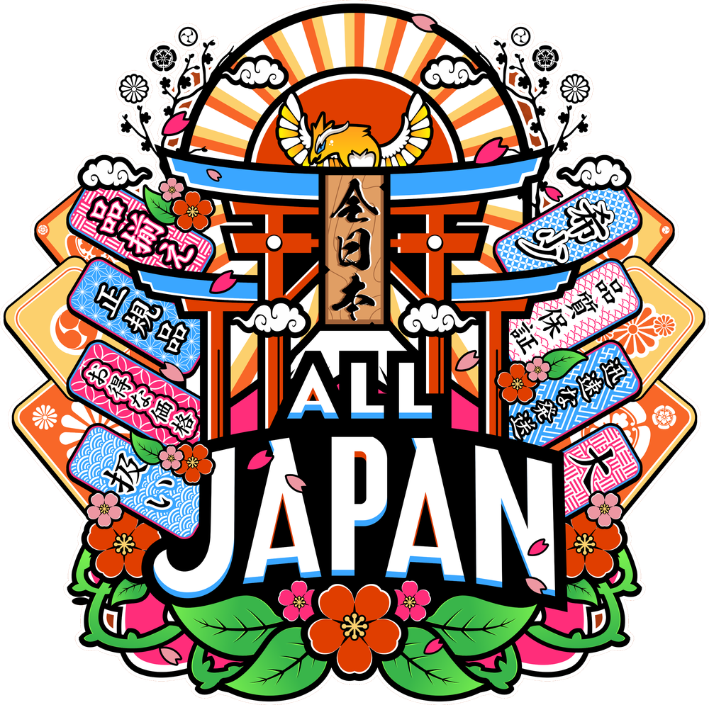 The All Japan crest: a torii gate with a 全日本 tablet, a phoenix in a sunburst, charm plaques and plum blossom.